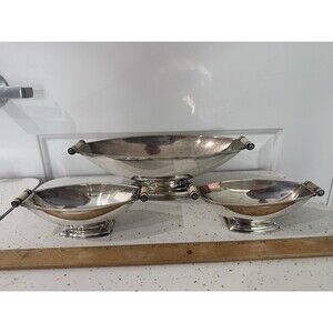 RARE Mappin & Webb Sterling Silver Art Deco 3pc Boat Dish Suite Paris 1930s